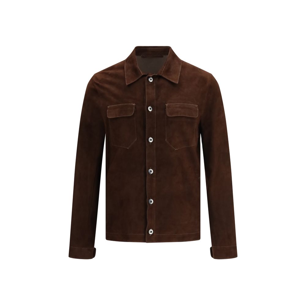 Salvatore Santoro Brown Calf Leather Shirt Jacket with button details on a white background